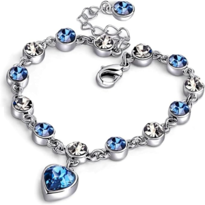 Pulsera de Plata .925 con Corazon de cristal en azul oceano
